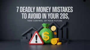 7 deadly money mistakes to avoid in your 20s illustrated with money bag, warning sign and dollar icons