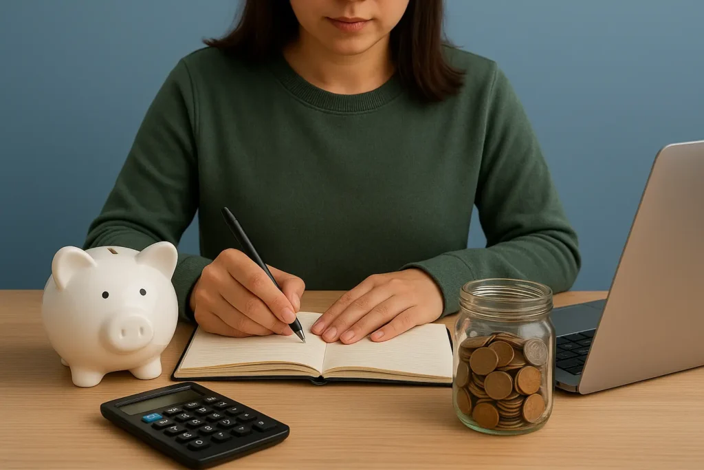 Person budgeting with piggy bank and calculator