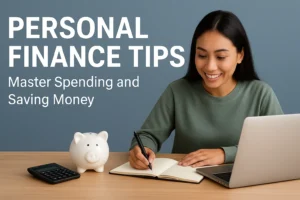 A young woman writing notes at a desk with a laptop, piggy bank, and calculator, symbolizing personal finance tips for saving and spending money