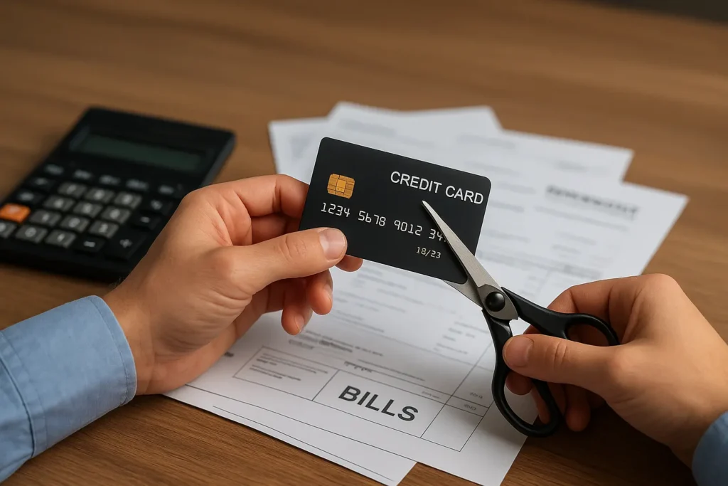 A person cutting a credit card with scissors on a desk with bills and calculator, symbolizing debt management and financial control