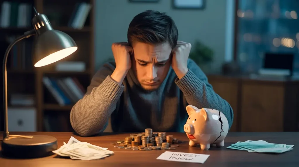 A worried person sitting at a desk with coins and a piggy bank, looking hesitant to invest, symbolizing the risks of delaying investing.