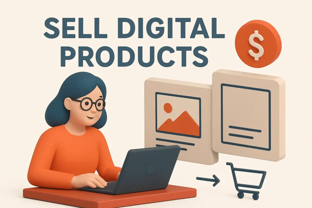 Illustration of a blogger selling digital products like eBooks, templates, and online courses to make money blogging as a beginner
