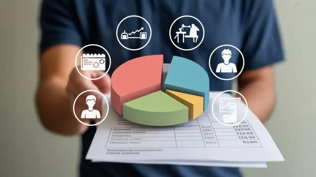 Person managing multiple income sources with a calculator, laptop, and financial documents on desk
