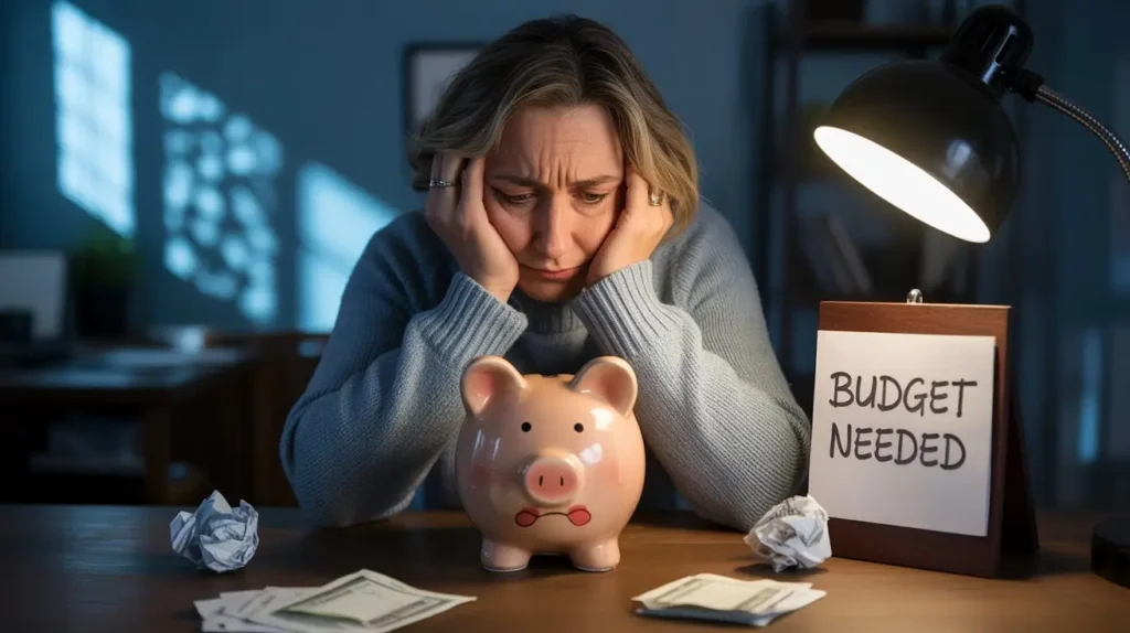 A worried person sitting at a desk with an empty piggy bank, looking uncertain about budgeting, symbolizing the risks of not having a financial plan